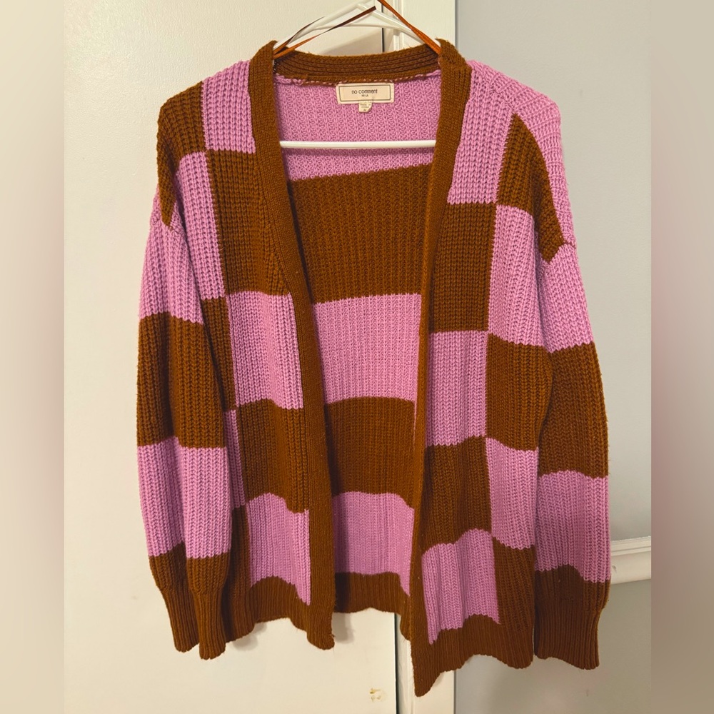 Pink and Orange Checkered Sweater Cardigan